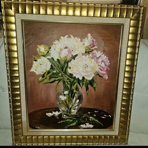 Vintage Still Life Oil Painting, Floral Art Painting with Gold Frame‎